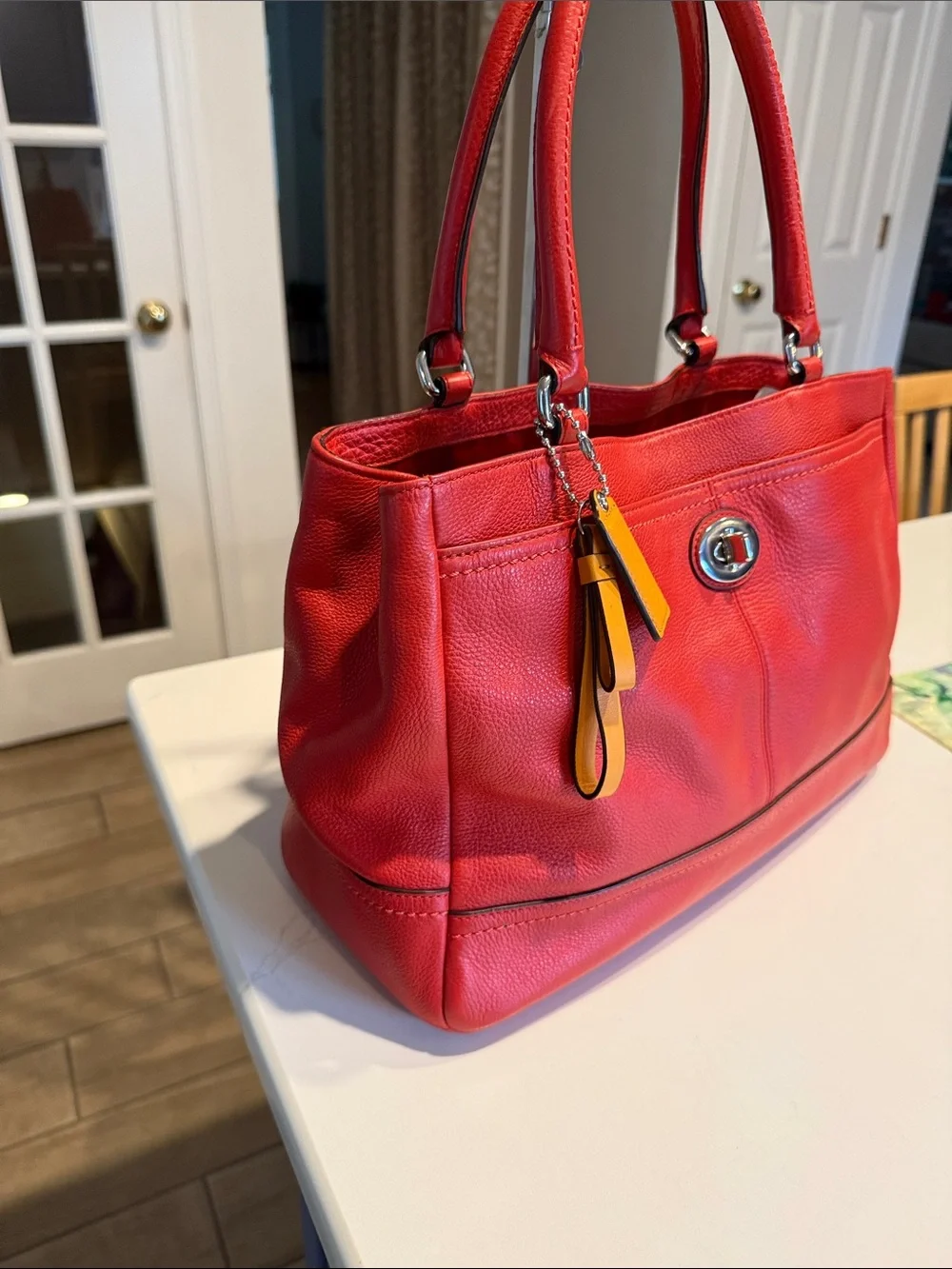 Coach Park Red Leather Carry All Totr with Yellow Tag Accent